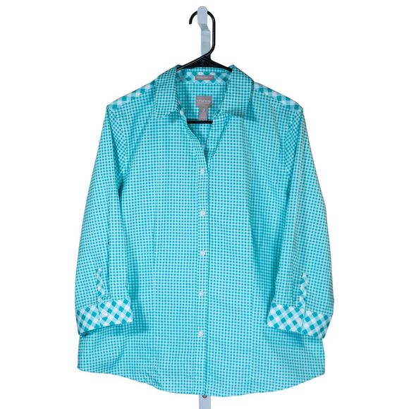 Chico's Women's Blouse Button Up Blue White Check Plaid Long Sleeve Top 2 L/12 - Picture 1 of 9